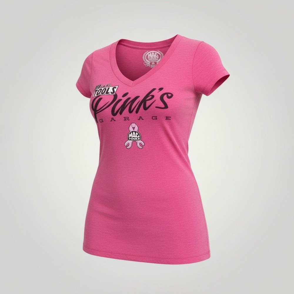 Mac Tools Pinks Garage T-Shirt Womens Small Pink V-Neck Breast Cancer Awareness